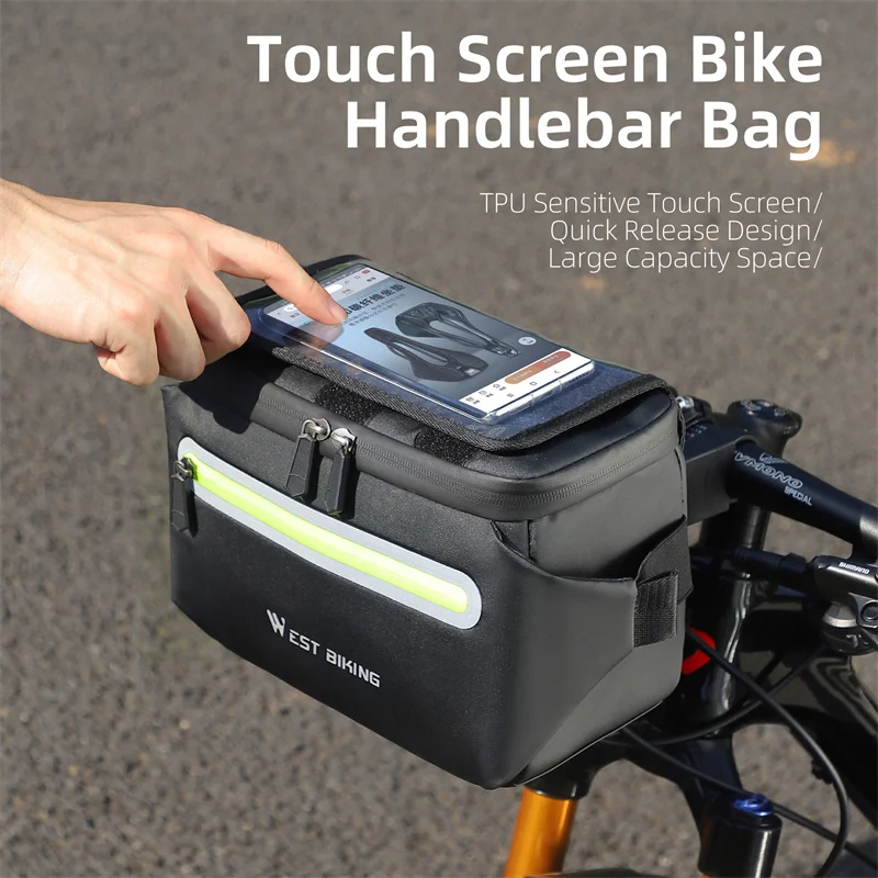 WEST BIKING Bicycle Front Bag Touch Screen Bike Handlebar Bag 4L Bike Phone Bag For Below 8.6 Inches Phone Cycling Accessories