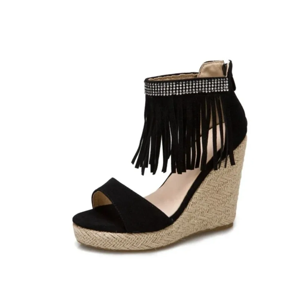 Sandalias de mujer, recién llegados, cuñas con borlas a la moda, tacones altos, punta abierta, cremallera trasera, zapatos de plataforma para mujer de talla grande 48 49 50 33-3