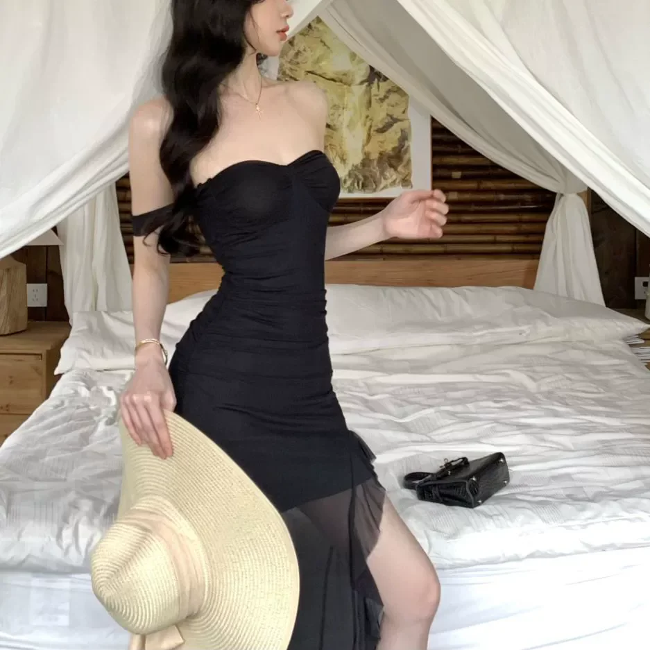 เดรสยาวทรงเมอร์เมดเข้ารูป ผ้าตาข่ายต่อผ้า คอร์เซ็ท สายเดี่ยว เปิดหลัง เซ็กซี่ จับจีบ ทรงเข้ารูป สไตล์วายทูเค สำหรับงานปาร์ตี้