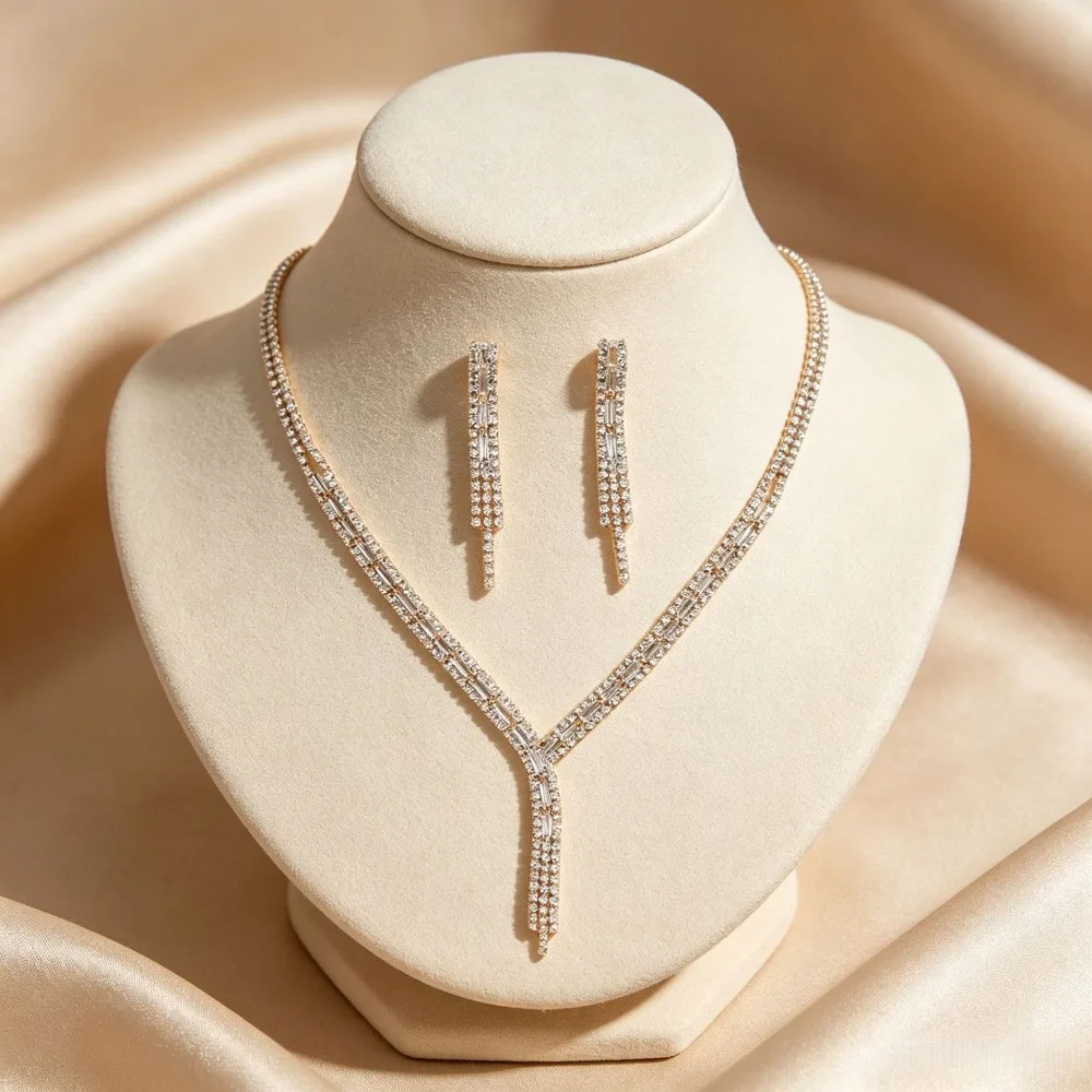 Elegant Y-Shaped Tassel Jewelry Set Retro Luxurious Necklace and Dangling Earrings Exquisite Rhinestone Necklace Earrings Set
