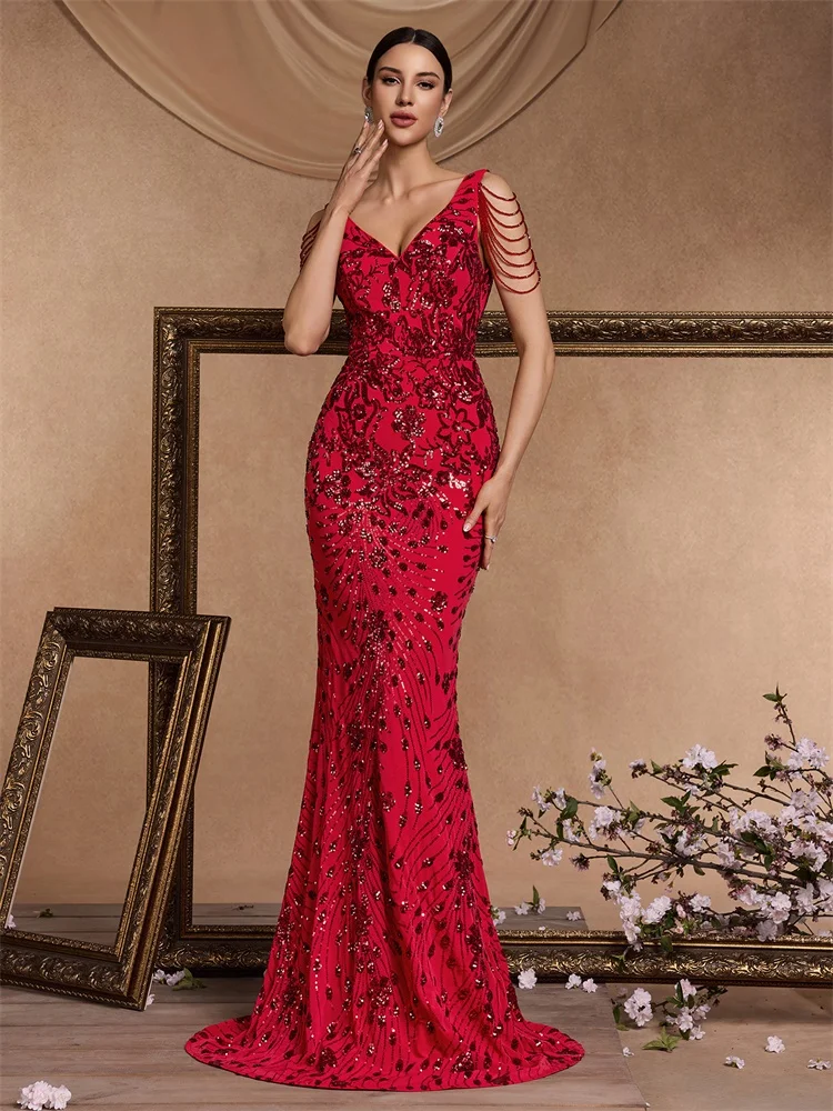 

BLUEPLUM Elegant Deep V-Neck Red Sequin Formal Evening Dresses Luxury Women Beading Wedding Party Mermaid Cocktail Prom Gown