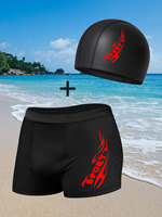 Men's Slim Fit Swim Shorts with Fashion Prints Quick-Dry Swimwear, Sport Letter Printed Swimwear + Free Swim Cap