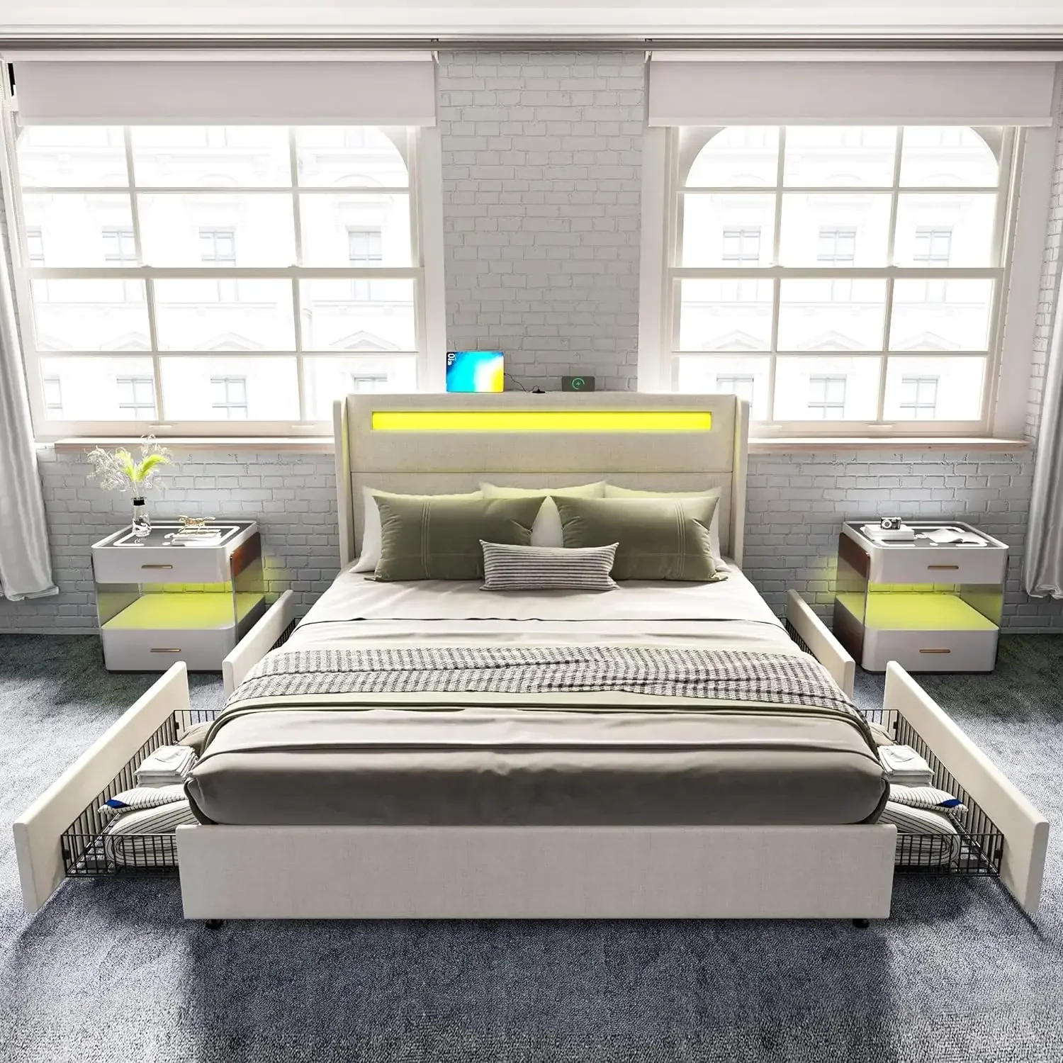 King Bed Frame with RGBW LED Lights Headboard & 4 Storage Drawers, Upholstered Smart Platform Bed