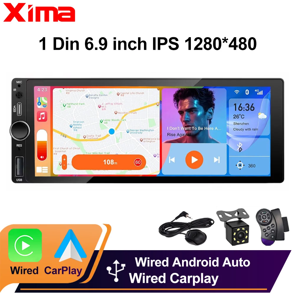 

XIMA IPS 6,9 дюйма 1Din проводной Carplay Android Auto автомобильный радиоприемник мультимедиа MP5 MP3 универсальный одиночный Din авторадио стерео сенсорный экран