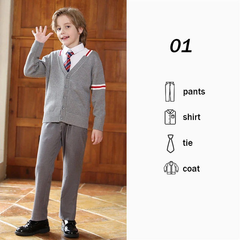 Bambini Autunno Inverno Maglione Uniforme Uniformi della scuola primaria Cappotto lavorato a maglia stile britannico Gonna a pieghe + Cravatta + Camicie JK Suit