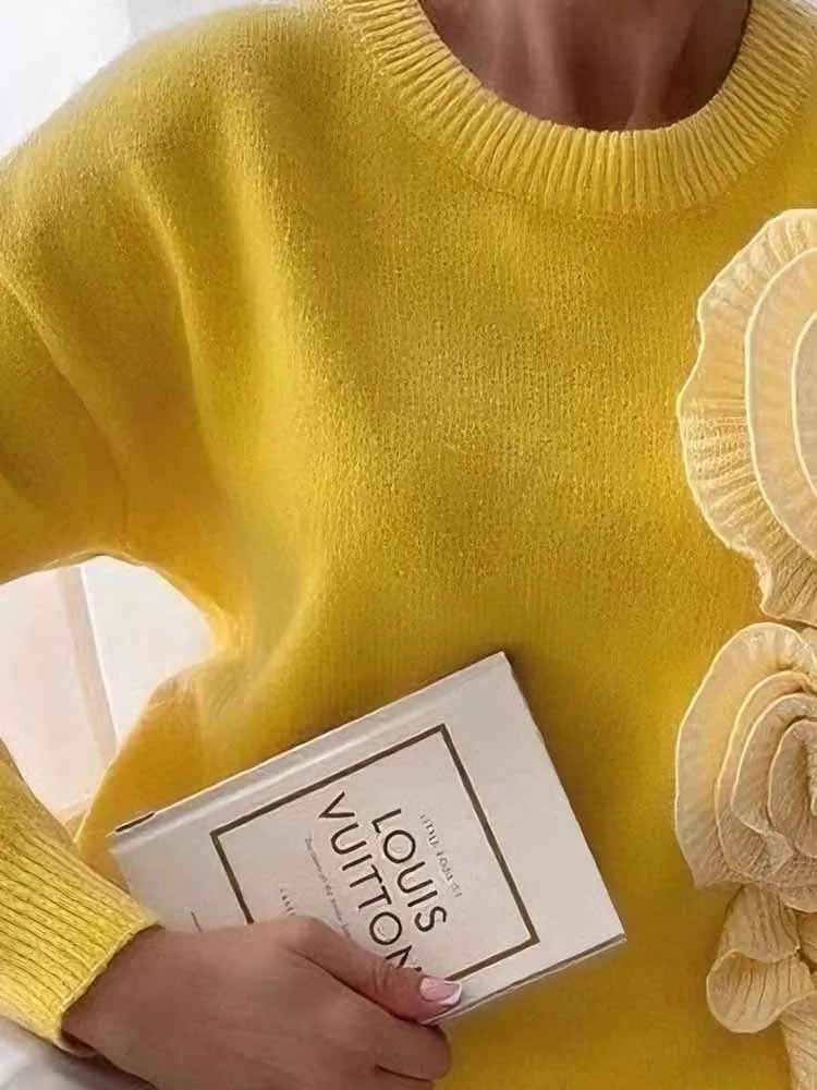 

Женский однотонный свитер с круглым вырезом и длинными рукавами, осень-зима, простой офисный вязаный пуловер, повседневный свободный свитер с цветочным принтом