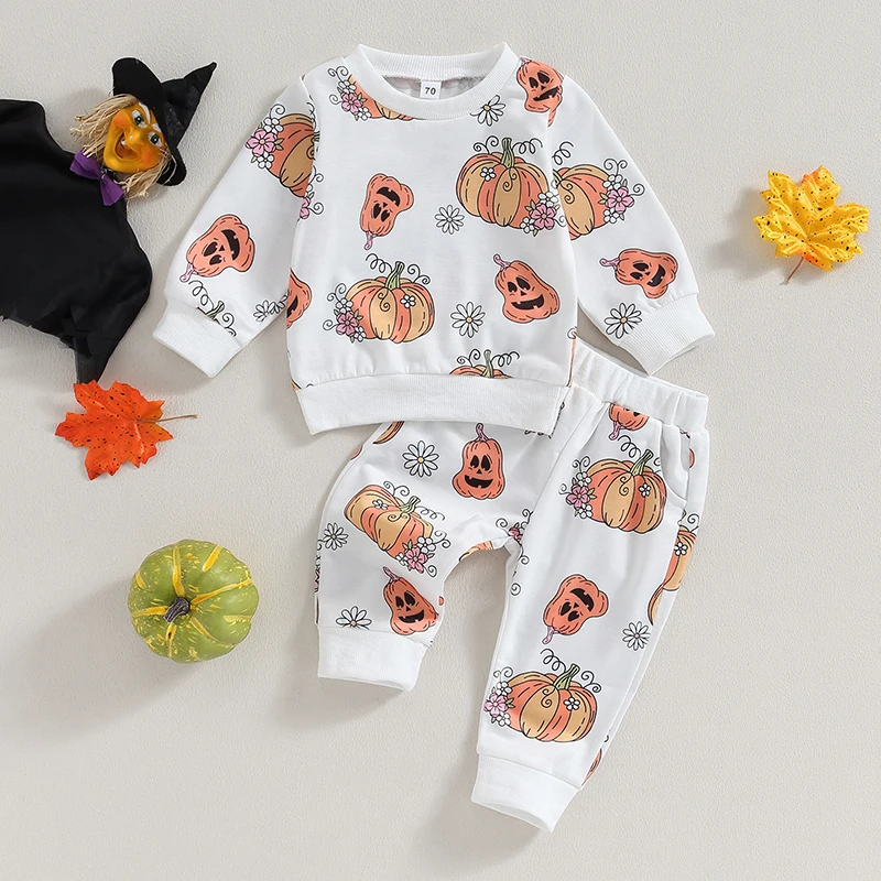 Set di costumi di Halloween per ragazze, felpa stampata girocollo a maniche lunghe, top con pantaloni con stampa floreale zucca abbinata per