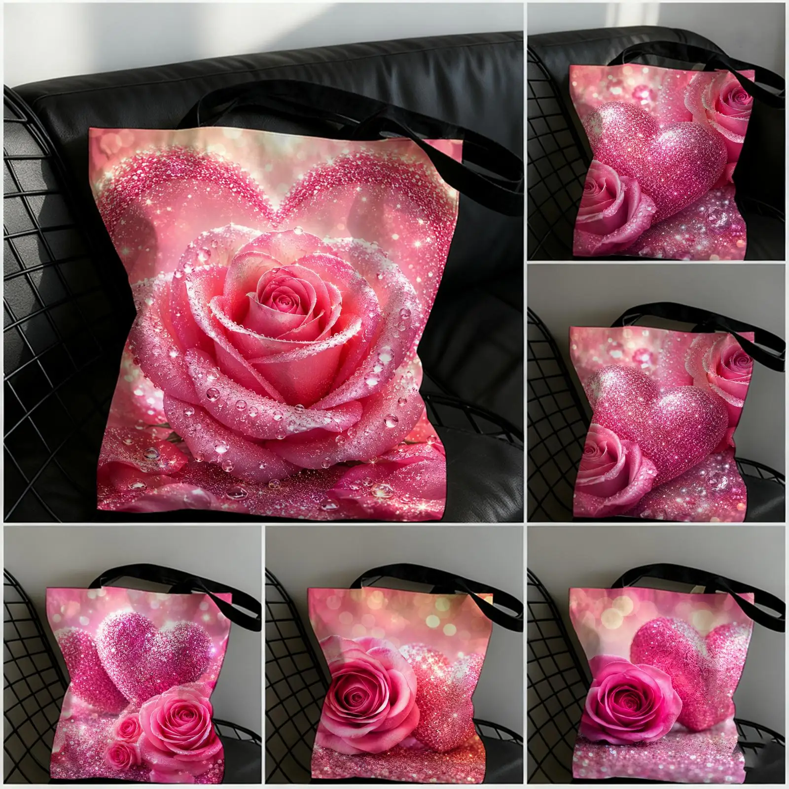 

Pink Glitter Hearts & Roses Storage Bags Double-Sided Printed Canvas Tote Bag Large Capacity Women Shoulder Handbag