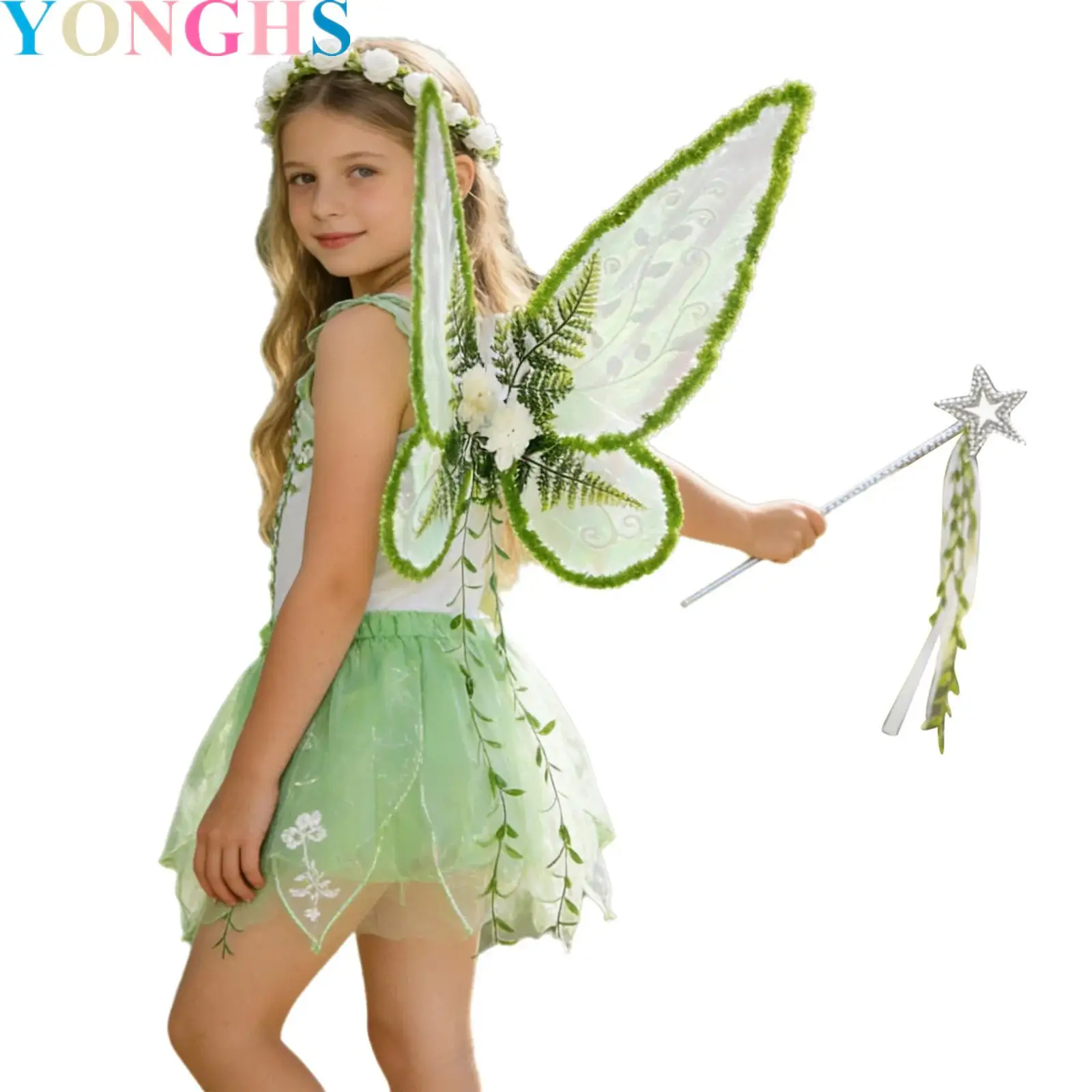 

Kids Girls Elastic Glitter Wings Butterfly Shaped Fairy Wings with Garland And Fairy Wand for Halloween Cosplay Accessories