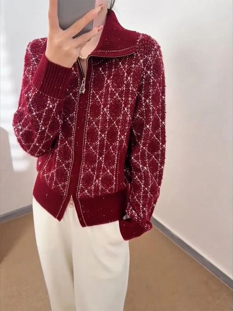 

Sli Knitted Cardigan Diamond Pattern Turn-down Collar Large Size Trendy Age-defng All-match Top Women's Faion Woolen ...