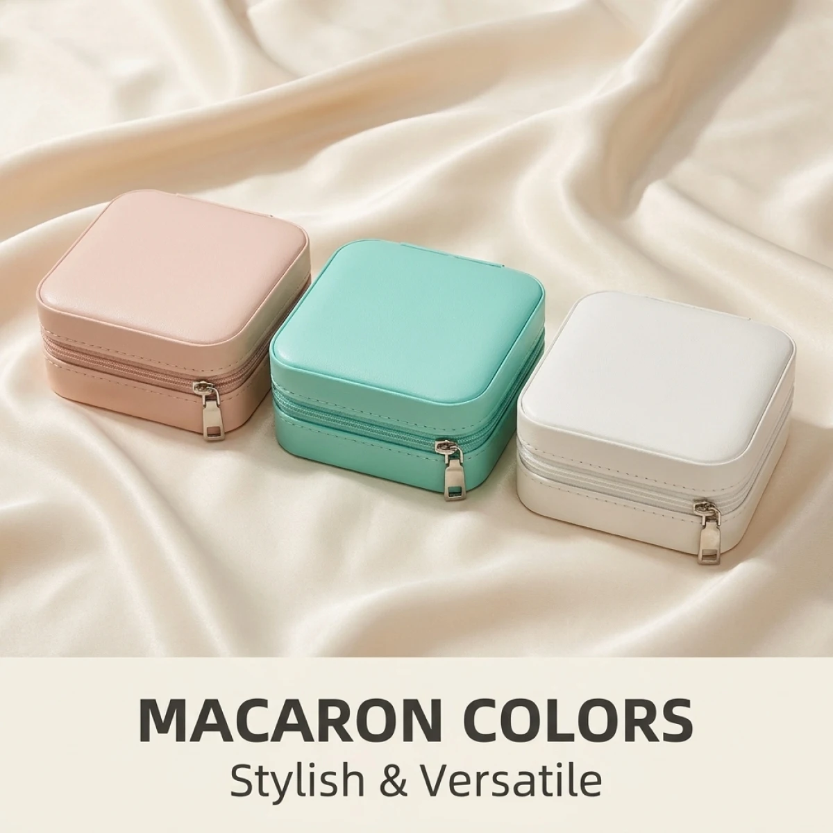 Mini Portable PU Jewelry Box, 3 Necklace Hooks & 6 Ring Slots, Removable Partition, Travel Organizer Case, Macaron Color