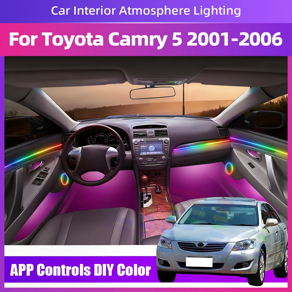 شريط LED داخلي للسيارة مع 64 لونًا ميزات تعديل وضع الإضاءة المتعددة لسيارة Toyota Camry 5 2001 2002 2003 2004 2005 2006