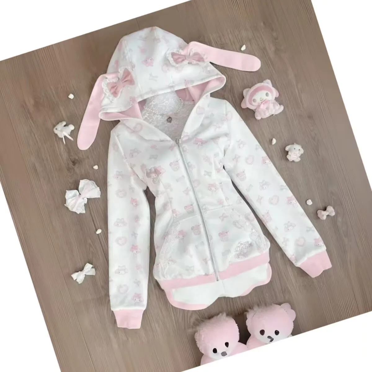 Harajuku ญี่ปุ่น Kawaii เสื้อการ์ตูนกระต่ายพิมพ์ Hoodie Y2k สีชมพู Subculture Bow Zip Up Hoodie ผู้หญิง Slim Anime Hoodie