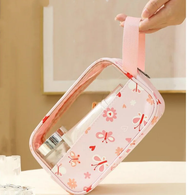 3PCS Flower Printed Makeup Bag Transparent PU Waterproof Portable Travel Cosmetic Pouch Cute Convenient Toiletries Bag for Women