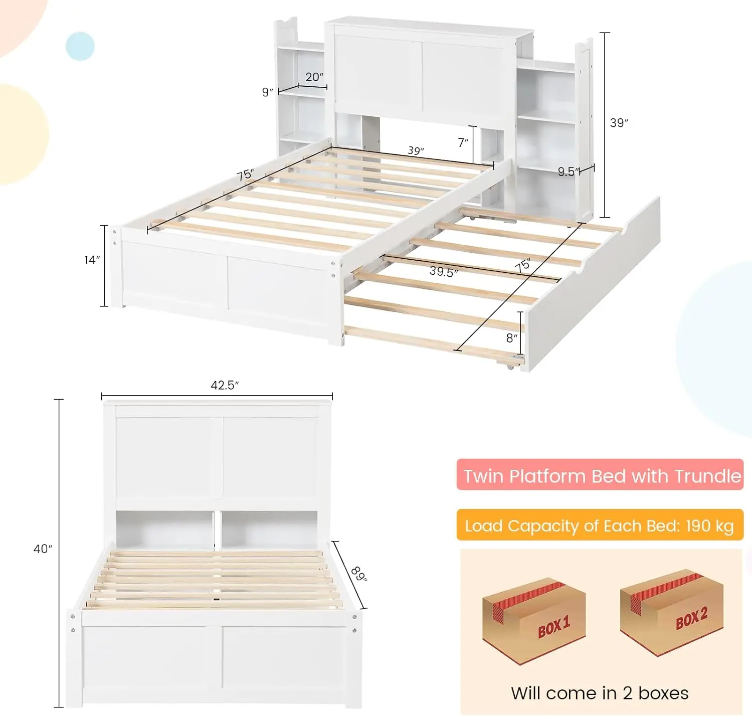 Giantex-Cadre de lit double avec tronçon, cadre de lit en bois avec 2 bibliothèques roulantes et planche de sauna haute, lit à plateforme de rangement pour enfants