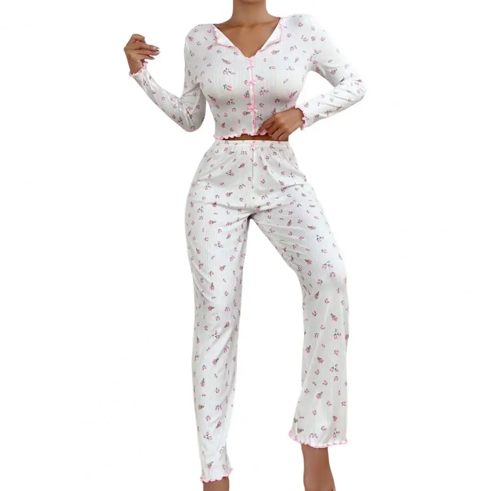 Elastic Waist Loungewear Cozy Fall Winter Women's Pajamas Set with Turn-down Collar Long Sleeve Top High Waist Pants for Casual