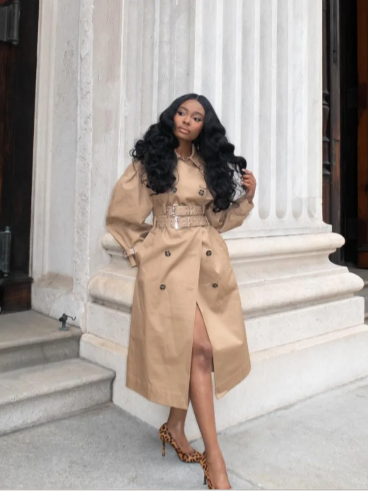 سترة نسائية أنيقة بحزام مزدوج سترة واقية كاكي غير رسمية بأكمام طويلة وزر على شكل طية صدر السترة سترة نسائية لخريف وشتاء 2025 ملابس خروج للسيدات