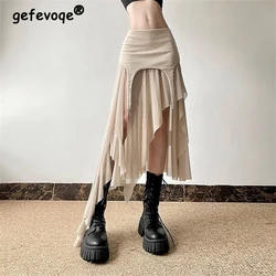 Women Clothes Vintage Y2K Harajuku Aesthetic Fairy Asymmetrical Skirts Summer Female Sexy Split Solid High Waist Slim Midi Skirt