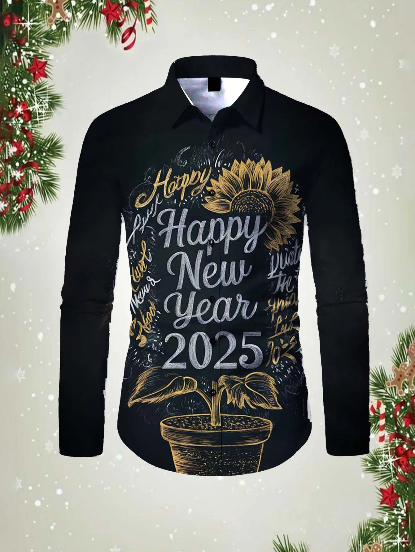 Happy New Year Pattern 3D printed Men's long sleeved shirt top 2025 spring autumn new fashion casual figure unisex clothing Tops