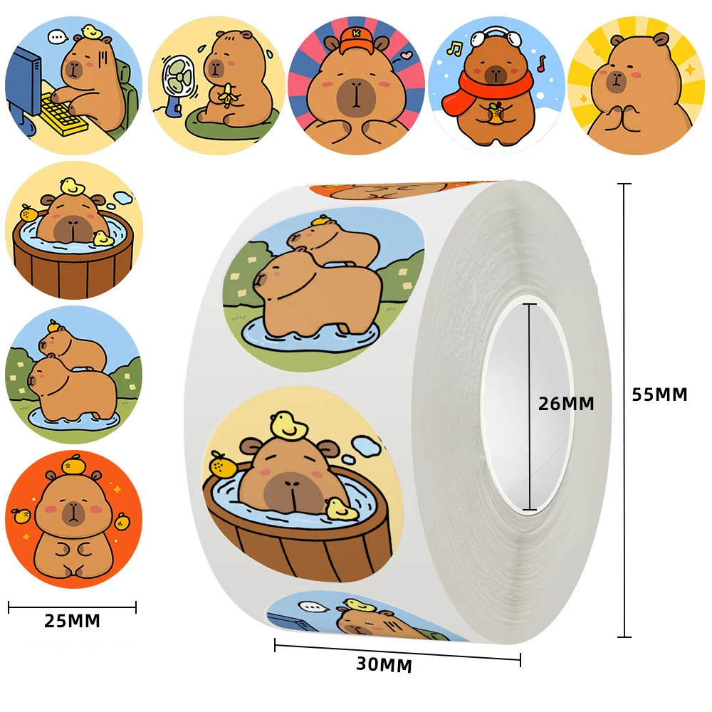 500 uds/rollo de pegatinas de sellado de dibujos animados de capibara, pegatina decorativa bonita para niños, juguete, portátil, álbum de recortes, teléfono, calcomanías de grafiti divertidas