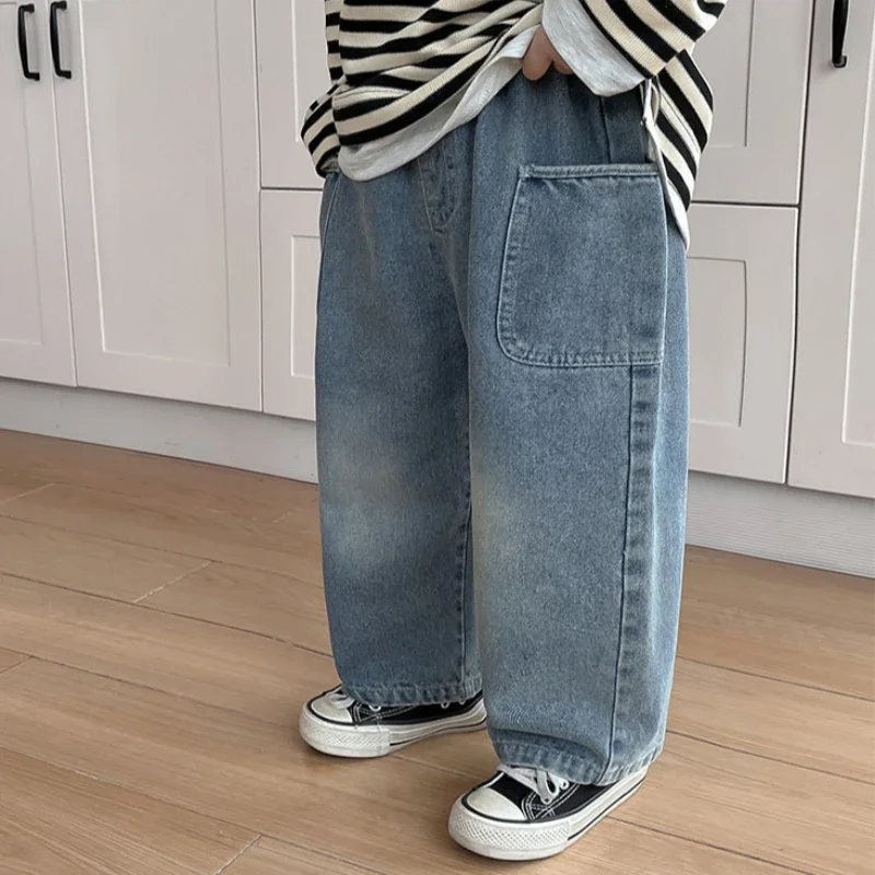 Spring and Autumn Children's Pocket Wide Leg Jeans Contrast Loose Relaxed Pants for Boys and Girls Jeans Baby Kids Trousers 2-6Y