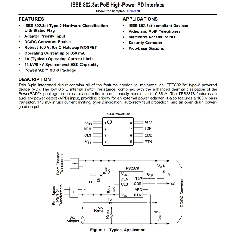5PCS TPS2378DDAR 2378 SOIC-8 High-Power PD Interface Chip Ethernet Transceiver
