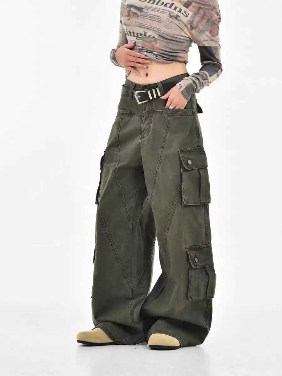 

Women's Green Baggy Long Cargo Pants Boyfriend style Pants Harajuku Japanese 2000s Style Y2k Vintage Oversize Trousers Clothes