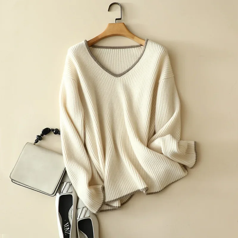 ribbed knit winter new 100% cashmere v neck sweater knitwear women thick warm drop shoulder jumper tops