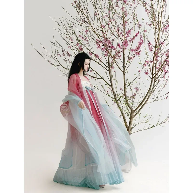 Vestido feminino de princesa Tang Dynasty, vestido hanfu, gradiente azul e rosa elegante, terno hanfu, roupa cosplay, 2024