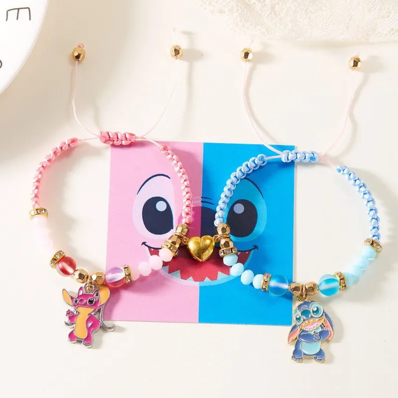 Anime Figürü Lilo & Stitch Charms Bilezik Seti Karikatür Dikiş Aşk Mıknatıs Halat Zincir Bileklik Çocuk Oyuncakları Doğum Günü Hediyesi