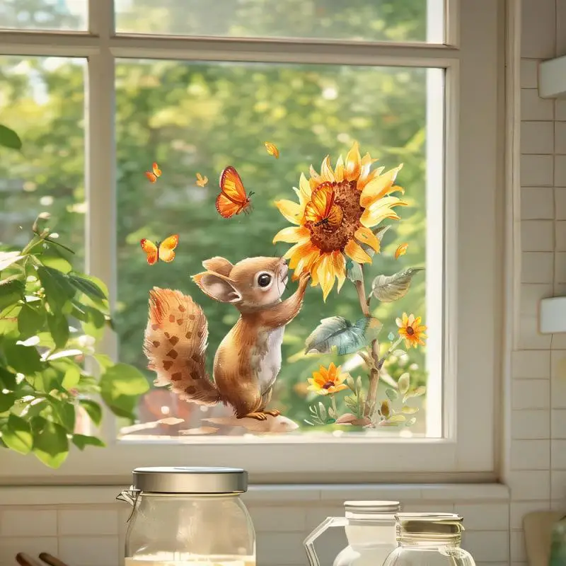 Rustic Animal Print Wall Decal Watercolor Squirrel And Sunflower Design For Glass Windows
