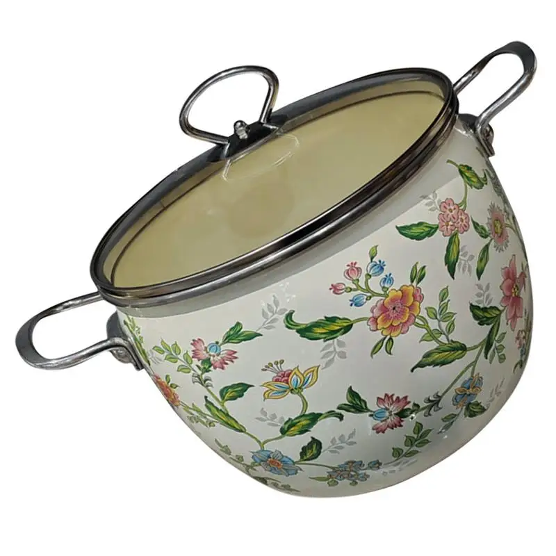 

1 Vintage Enamel Stockpot Saucepan Induction Enamel Pot With Lid Soup Pot Enamel Canteen Stew Pot Double Handle Boiling Pot 2.8L