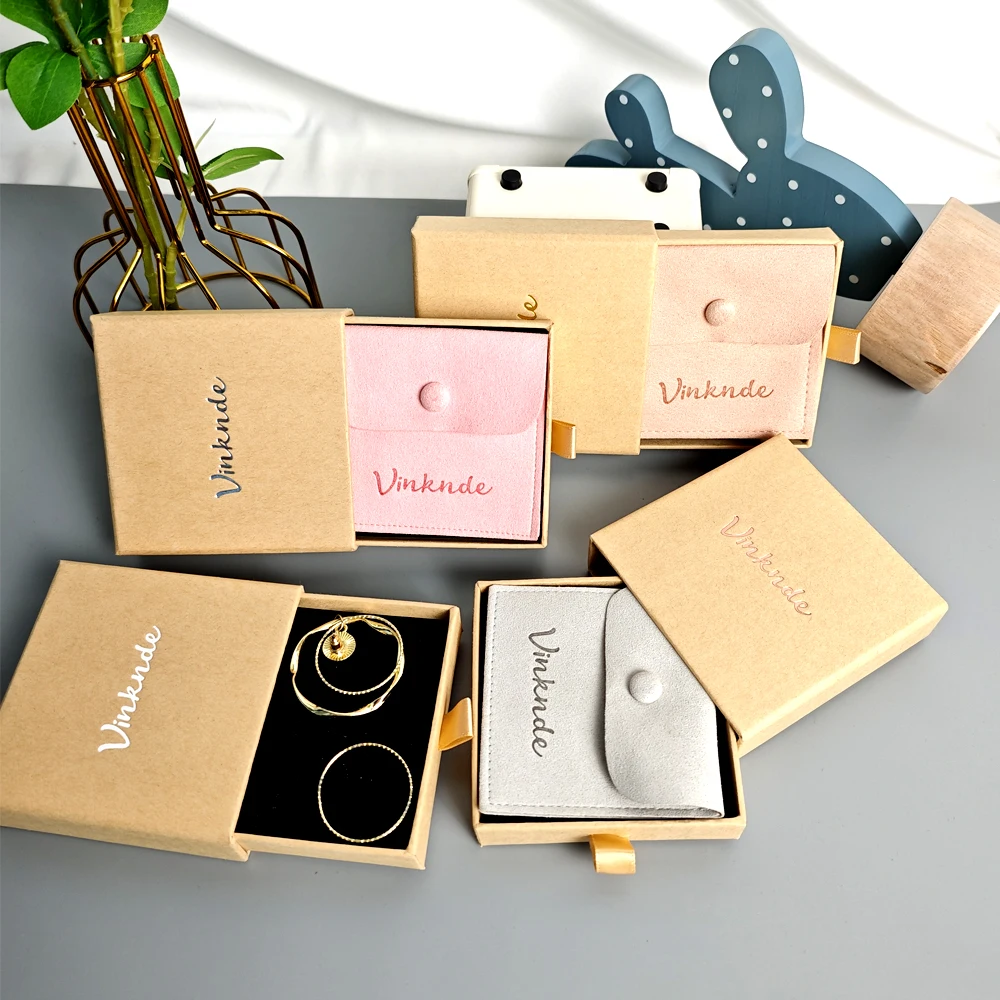 

Cardboard Drawer Sliding Boxes Necklace Earring Bracelet Ring Case Custom Logo Gift Packaging Jewelry Box Microfiber Button Bag