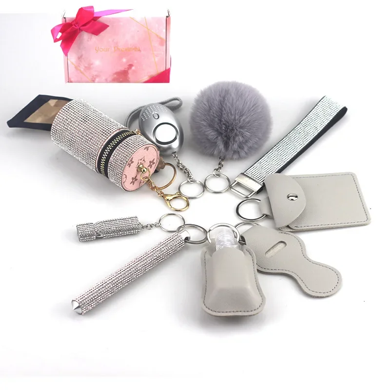 10pcs/set Daily Safety Keychain Kit with Self-defense Alarm fur Ball Pendant and Storage Bags Keychain for Women