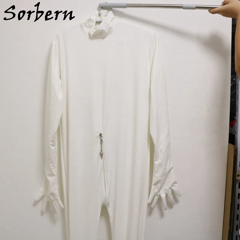 Sorbern White Matte Streched Body Suit Unisex Block High Heel Pointed Toe Long Sleeves With Fingers Lockable Zippers Custom