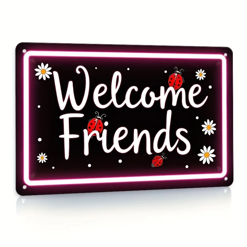 Vintage-Style 'Welcome Friends' Aluminum Sign - es, Neon Pink with Ladybug & Flower Accents, for Classic Racing Culture, Themed