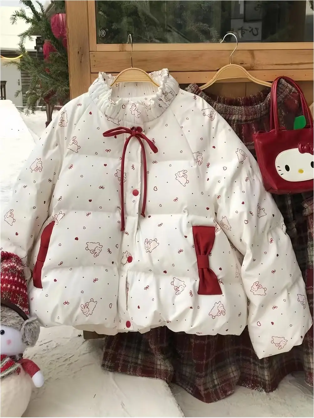 Cute Bunny Print Bread Coat Fashionable Loose Women's Cotton Jacket Knot Patchwork Sweet School Style Winter Outerwear
