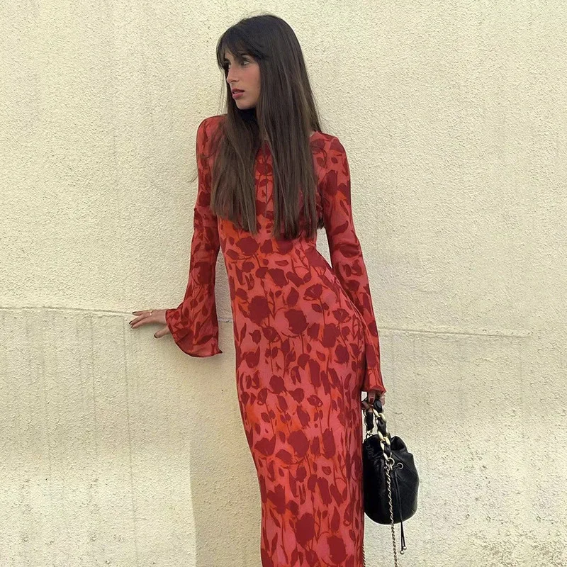 Boho Sukienka Maxi z Nadrukiem, Prześwitująca, Casualowa, z Okrągłym Dekoltem i Długim Rękawem dla Kobiet, Nowy Styl na Jesień i Zimę