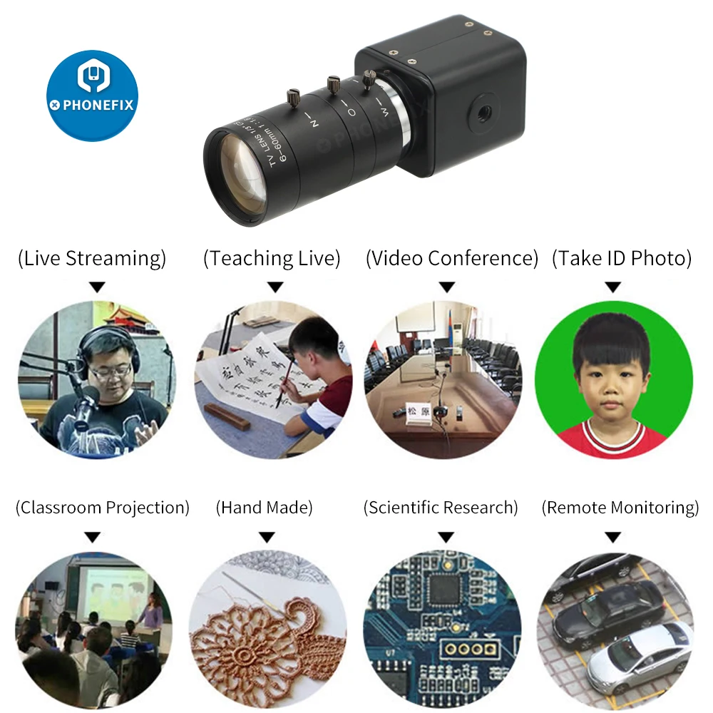 Webcam 6-60mm F1.6 Zoom Lens+HD 1080P HDMI 2.0MP Camera For Live Stream Video Conference Teaching Remote Monitoring Phone Repair