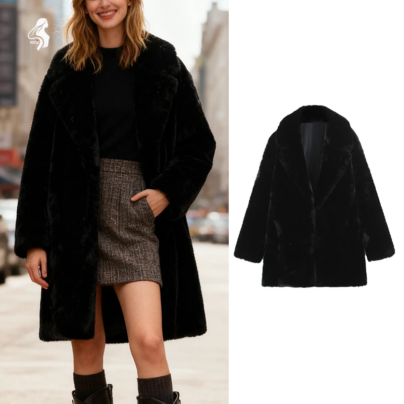 

Womens Plush Textured Mid Length Coat With Turn Down Collar Loose Warm Suitable For Work And Dates Woman Clothes Tops Trafizaran