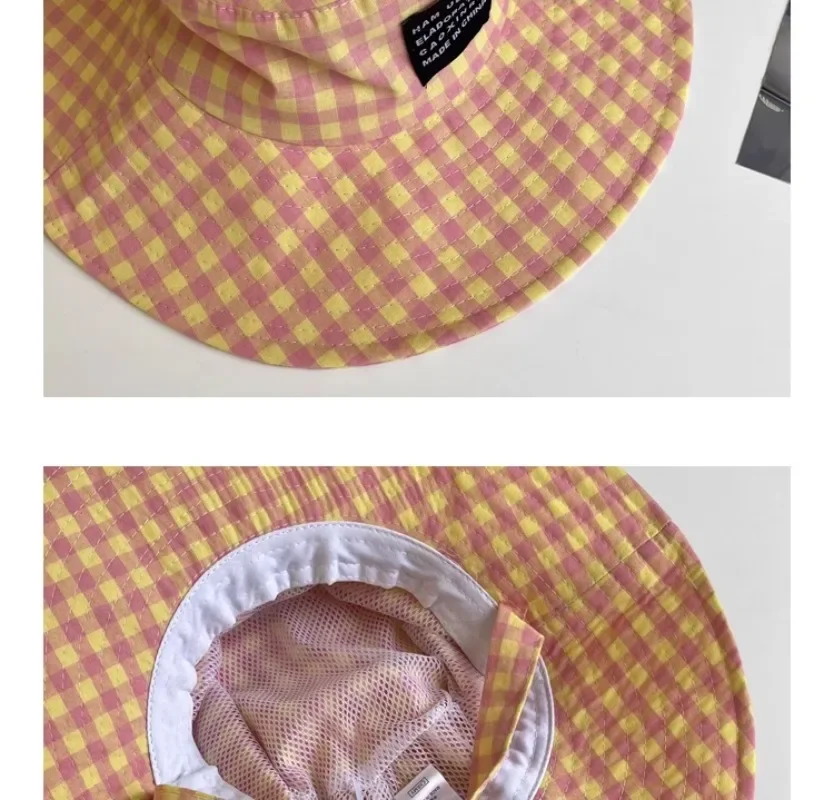 Ins Blogger Retro Plaid Tie Strap Eimer Hut Frauen Sommer Reise Vielseitig Fischer Hut Mädchen Mode Beliebte Breite Krempe Sonne Kappe – Detail 16