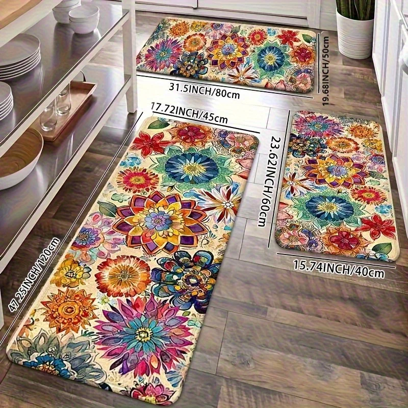 Vintage Bohemian Floral Floor Mat , Colorful Flower Pattern Flannel Moisture-Proof Soft Rug for Multi-Room Decor