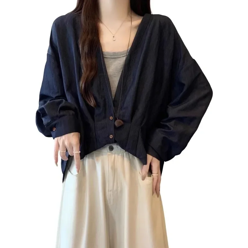 

Fake Two-piece V-neck Right Shoulder Long-sleeved Shirt Women's New Irregular Slimming Top