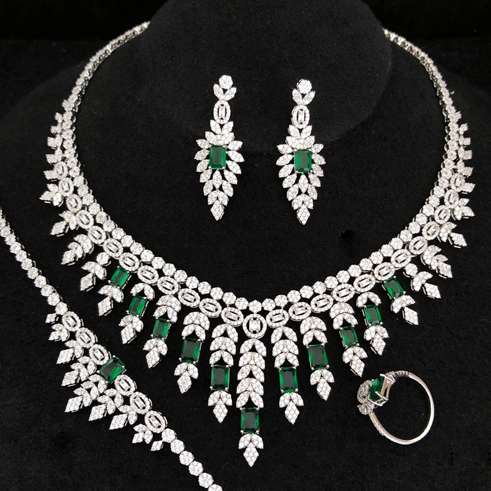 Missvikki 4PCS Luxury Green Mixed Big Statement Jewelry set For Women Wedding Cubic Zircon CZ African Dubai Bridal Sets Hot