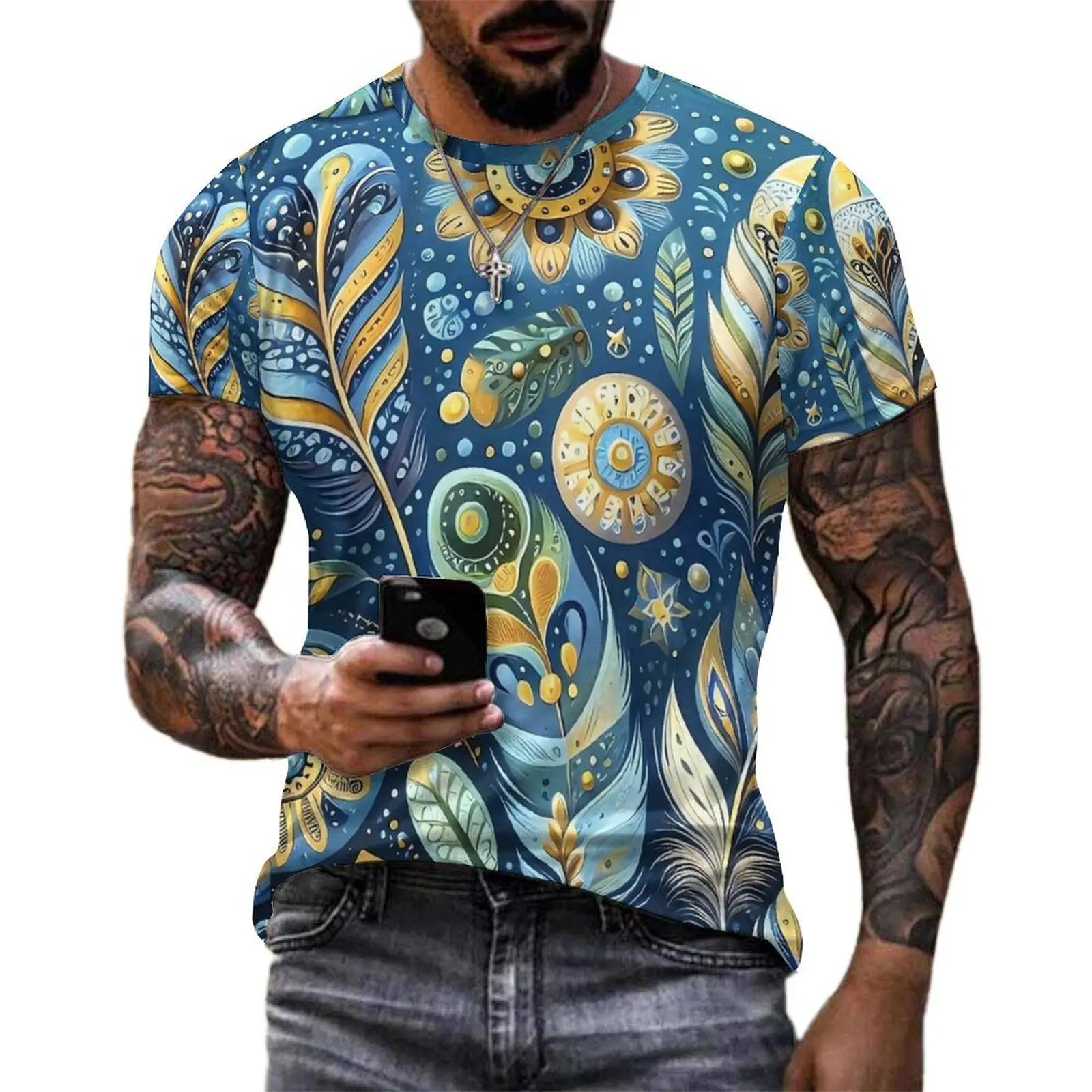 Premium T Shirt Folk Art T Shirts Blue and Gold Feather Awesome Popular Tee Shirt For Male Short Sleeve Printed Big Size Clothes