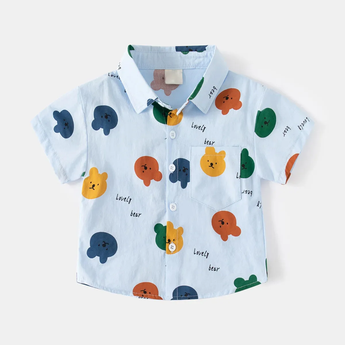 Boys New Fashion Shirts New 2024 Summer Boy Cartoon Bear Collar Shirts Short Sleeve Tops Kids Casual Holiday Style Clothing