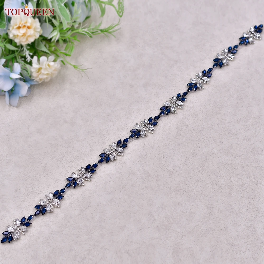 TOPQUEEN Rhinestone Flower Wedding Sash Hand Sewing Applique Bridal Thin Belt Important Holiday Gift Banquet Dress Accessories