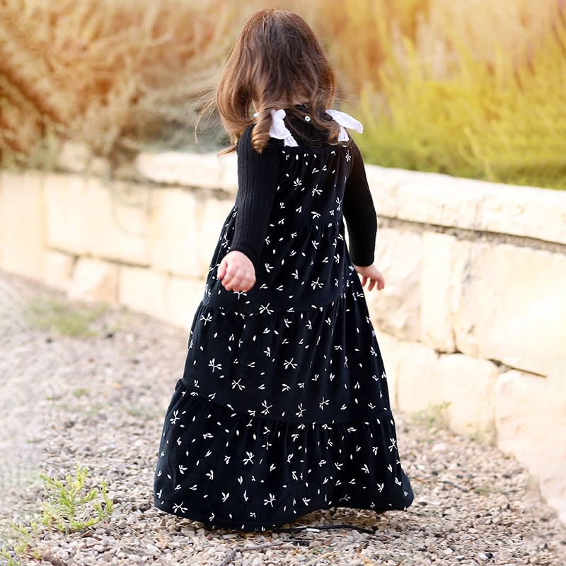 Girls maxi dress black velour winter robe dress 4 diagonal closed layers girls clothes lace ribbon suspenders size 3-20 years