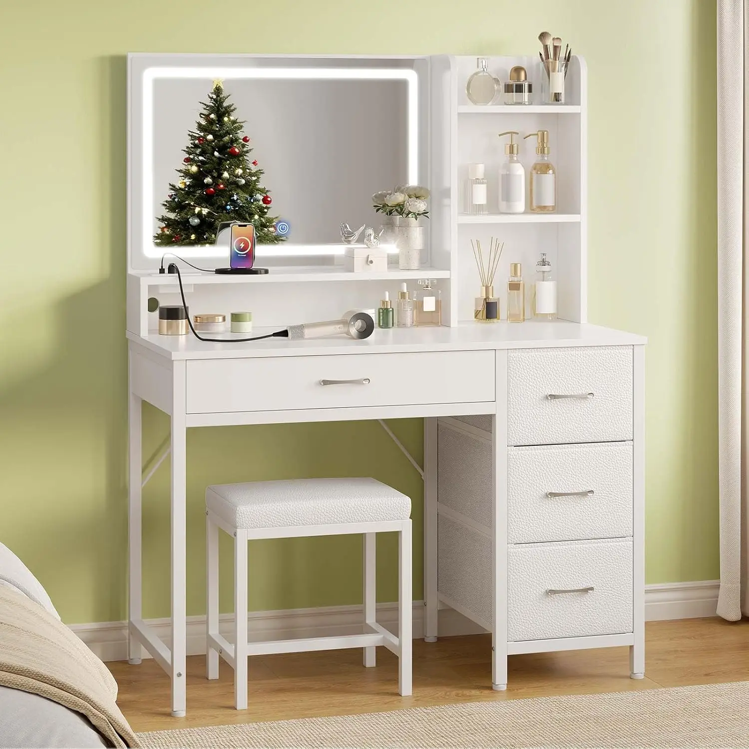 

Туалетный столик Greenstell с зеркалом и подсветкой, туалетный столик для макияжа с мягким стулом, 4 ящиками и 3 полками для хранения, с питанием от сети