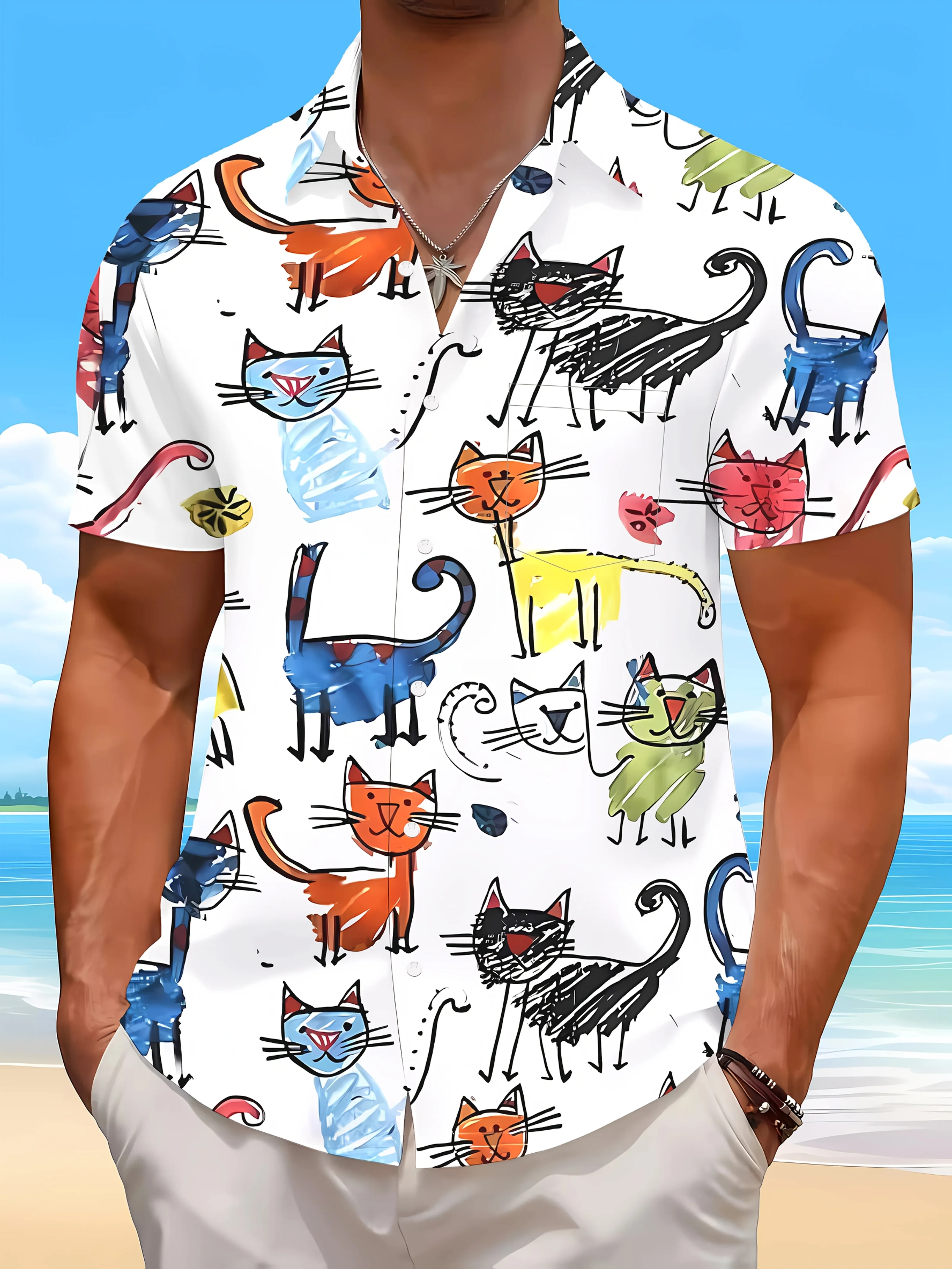 

2026 New Aristocratic Temperament Cat Digital Printing Hawaii Cuban Collar Trend Fashion Casual Shirt Men's Single Button Top